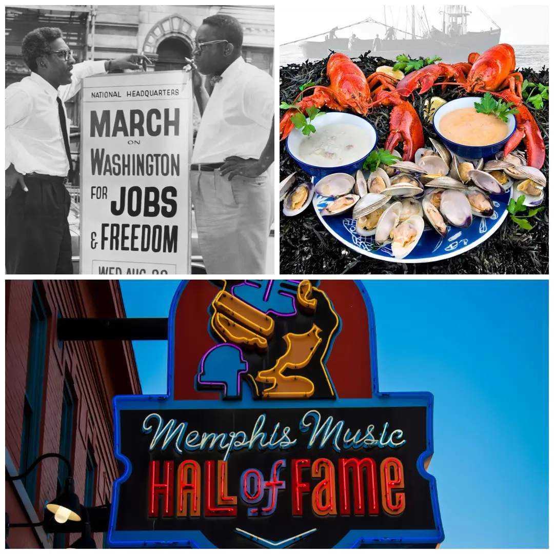 Collage van Amerikaanse geschiedenis, muziek en regionale gastronomie