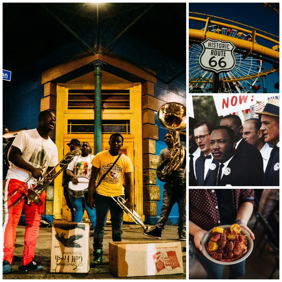 Collage van Amerikaanse cultuur met straatmuzikanten, Route 66, burgerrechten en lokale keuken
